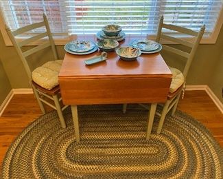 Adorable Sage Green/Solid Wood Top Drop-Leaf Table with two chairs, Large Braided Rug