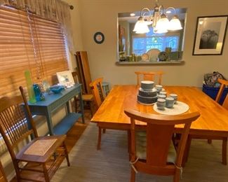 Gorgeous Solid Wood TRAILWAY WOOD Dining Table Set with four Chairs, 54"x54" Square with two additional 12" Leaves. Aqua Blue Side Board