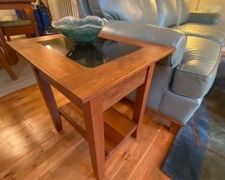 Like New Solid Wood Side Table with Glass Top, One of Two!