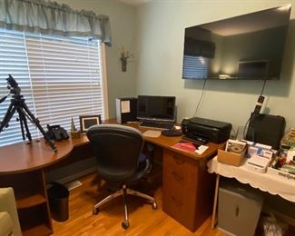 View of the Office, L-Shaped Desk, Office Chair, Tripod, Electronics, Miscellaneous Office Supplies, 