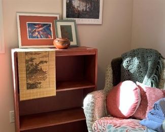Wicker rocking chair & wood book shelf 