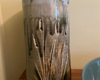 Unique Clay Vase with Imprinted Cattails 