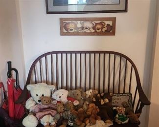 Teddy bears and bench