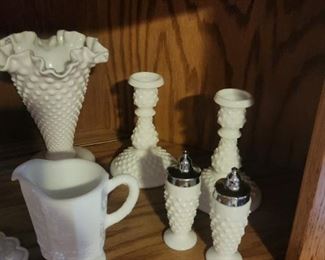 Fenton Hobnail Milk glass trumpet vase, candlesticks, salt and pepper