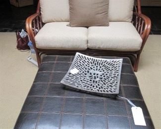 Leather Ottoman and Rattan Chair
