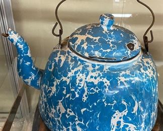 Old Blue and White Enamelware Kettle