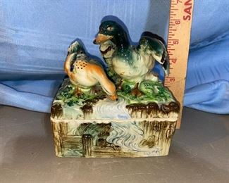 Japan Ducks Lidded Box, Tail on duck drinking is chipped and colored in $10.00