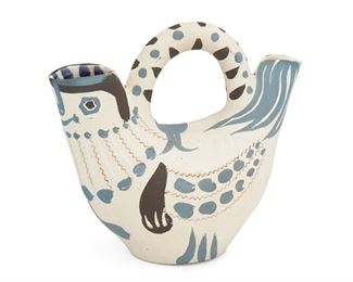 1
Pablo Picasso
1881-1973
"Pichet Espagnol" (A.R. 244), 1954
Unglazed white earthenware, colored engobe, and glazed interior
Edition: 243/300
Impressed: Edition / Picasso / Madoura / Plein Feu; inscribed: Edition / Picasso
8.75" H x 9.75" W x 4.75" D
Estimate: $20,000 - $30,000