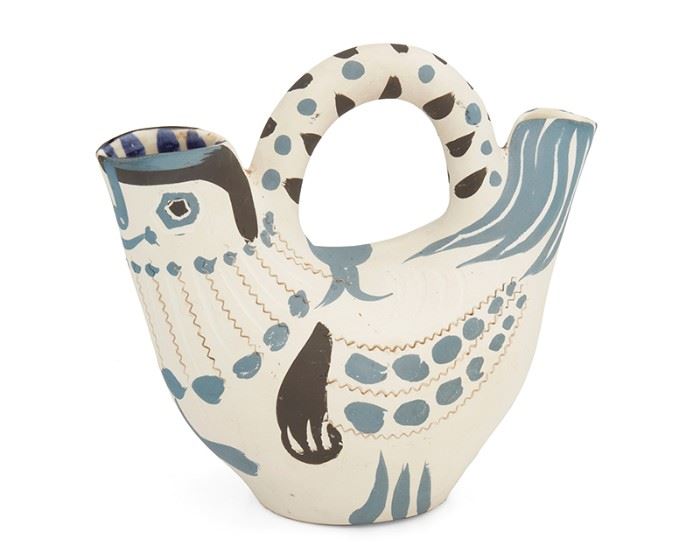 1
Pablo Picasso
1881-1973
"Pichet Espagnol" (A.R. 244), 1954
Unglazed white earthenware, colored engobe, and glazed interior
Edition: 243/300
Impressed: Edition / Picasso / Madoura / Plein Feu; inscribed: Edition / Picasso
8.75" H x 9.75" W x 4.75" D
Estimate: $20,000 - $30,000