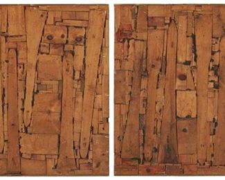 3
Bernard Langlais
1921-1977
"Intarsia In Brown, No. 1," 1959 [Diptych]
Oil, wood, and newspaper collage (verso) on panel
Each letterpressed lower left (left panel) and lower right (right panel): Bernard Langlais; each signed again verso
Each Panel: 49" H x 47.75" x 1.75" D ; Overall: 49" H x 95.5" W x 1.75" D
Estimate: $5,000 - $7,000