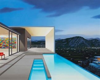 10
Tom McKinley
b. 1955
"Alpine House," 2013
Oil on panel
Appears unsigned; titled and dated on a gallery label affixed verso
31" H x 49" W
Estimate: $6,000 - $8,000