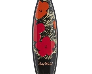 12
Tim Bessell
b. 1957
Andy Warhol Surfboard (Flowers), 2015
Hand-shaped polyurethane foam, digital print, with polyester resin
Edition: one of four artist's proofs
Signed in the digital print: Andy Warhol / Tim Bessell; signed again by Bessell, and titled, dated, and numbered: AP 2/4 on a label affixed verso
78" H x 21" W x 2.5" D
Estimate: $4,000 - $6,000