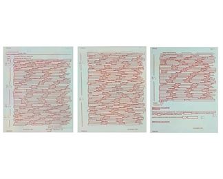 24
Jenny Holzer
b. 1950
"(FBI) Blue," 2006, Triptych
Oil on linen
The first and second element: Signed with the artist's initials, inscribed and respectively numbered: JH1107.u ele [1-2]/3 on the overlap; The third element: Signed with the artist's signature, initials, inscribed, numbered and dated on the overlap: JH1107.u ele 3/3 / Jenny Holzer
Each: 33" H x 25.5" W x 1.5" D
Estimate: $50,000 - $70,000