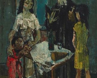 31
Jean Jansem
1920-2013
Religious Figure And Family In An Interior
Oil on canvas
Signed upper right: Jansem
24" H x 19.75" W
Estimate: $4,000 - $6,000