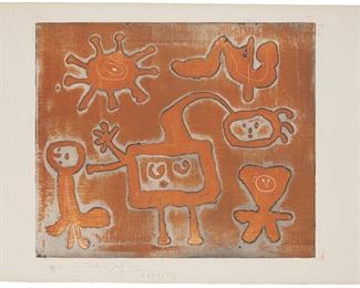 40
Joan Miro
1893-1983
"Untitled" From "Série I," 1952-53
Etching and aquatint in orange and black on wove paper, watermark Arches
Edition: A Bon à tirer proof aside from the regular edition
Signed, dated "28/V/52.," and inscribed "Bon à tirer," all in pencil in the lower margin; inscribed "13" in pencil in the left margin; Atelier Lacourière, Paris, prntr.; Maeght Éditeur, Paris, pub.
Plate: 15" H x 17.75" W: Sheet: 17.875" H x 25" W
Estimate: $8,000 - $12,000