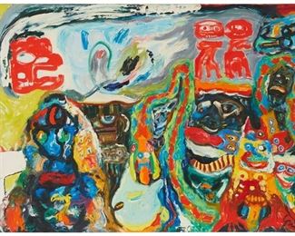 48
Guido Monteverde
20th century
"Parakas," 1982
Oil on canvas
Initialed lower right: GM; signed, titled, inscribed and dated verso: Guido Monteverde / Peru / U.S.A. N.Y. Dic.
68" H x 95.75" W
Estimate: $1,000 - $2,000