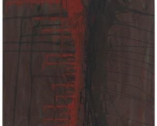 53
Marcos Grigorian
1925-2007
Untitled Abstract, 1956
Oil on canvas
Signed and dated upper left: Grigorian; signed and dated again, and with the artist's inscription and ink stamps, verso
31" H x 23" W
Estimate: $30,000 - $40,000