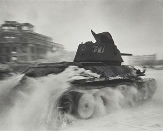 56
After Georgi Zelma
1906-1984
"Tank Rodina V Boiu Za Stalingrad" ["Motherland" Tank In The Battle For Stalingrad]
Gelatin silver print on paper
From the edition of unknown size and date
Unsigned; annotated in pencil, possibly in another hand, verso: GZL0073
Image: 20" H x 30.25" W; Sheet: 23.5" H x 33.625" W
Estimate: $500 - $700