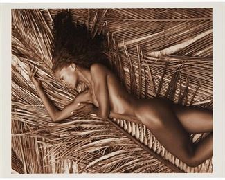 59
Herb Ritts
1952-2003
"Karen Alexander, Bahamas (B)," 1993
Silver gelatin print on paper
Edition: 2/6, printing date unknown
Copyright ink stamped, signed, titled, and numbered in pencil, verso: Mark McKenna - Executive Director, Herb Ritts Foundation; with other numbered notations verso
Image: 12.5" H x 10.25" W; Sight: 13" H x 10.75" W <br /> Image: 12.5" H x 10.25" W; Sheet: 14" H x 11" W
Estimate: $2,000 - $3,000