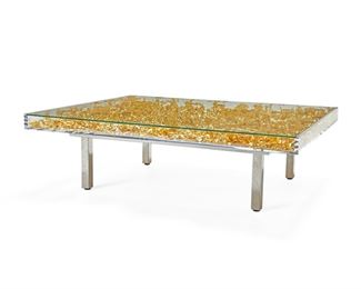 61
Yves Klein
1928-1962
"Table Monogold," Designed 1961/1963
Gold leaf, glass, Plexiglass, wood, and steel
With signed placard of authenticity affixed to the underside; serial no. CCV-GFRE
14.25" H x 49.25" W x 39.25" D
Estimate: $15,000 - $20,000