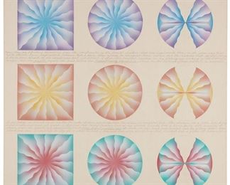 64
Judy Chicago
b. 1939
"Transformation Painting," 1973
Sprayed acrylic and felt-tip pen on unprimed canvas
Signed lower left: Judy Chicago; dated lower right: 1973
40" H x 40" W
Estimate: $80,000 - $120,000