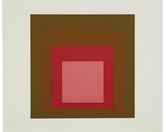 70
Josef Albers
1888-1976
"I-S, LXXI B," 1971
Screenprint in colors on American Etching paper
Edition: 25/125
Signed with initials, titled, date, and numbered in pencil in the lower margin: JA; Ives-Sillman, Inc., New Haven, CT, pub. and with their blindstamp in the lower right margin corner
Image: 15" H x 15" W; Sheet: 23" H x 23" W
Estimate: $4,000 - $6,000