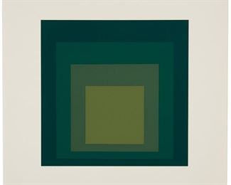 71
Josef Albers
1888-1976
"I-S, LXXI A," 1971
Screenprint in colors on American Etching paper
Edition: 25/125
Signed with initials, titled, dated, and numbered in pencil in the lower margin: JA; Ives-Sillman, Inc., New Haven, CT, pub. and with their blindstamp in the lower right margin corner
Image: 15" H x 15" W; Sheet: 23" H x 23" W
Estimate: $4,000 - $6,000