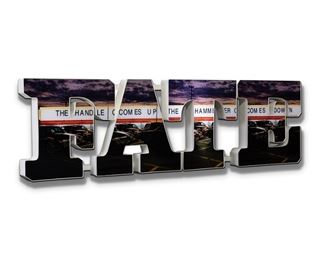 75
Doug Aitken
b. 1968
"The Handle Comes Up, The Hammer Comes Down," 2009
LED lightbox and steel
Edition of 4
Appears unsigned; each electrical piece reads "SloanLED IP66"
36.75" H x 132" W x 7.75" D
Estimate: $70,000 - $80,000