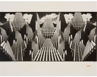 79
Thurman Rotan
1903-1991
"Skyscrapers," 1932
Gelatin silver print on paper
Signed and blindstamped lower right: Rotan / Thurman Rotan; titled and dated lower left; artist stamp verso; printed later
Image: 10" H x 19.25" W; Sheet: 15" H x 19.875" W
Estimate: $800 - $1,200