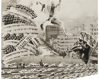 80
Susan Mogal
b. 1949
"Crisis In Capitol," 1978, From The "Hollywood Moguls" Series, 1976-1979
Offset of a photographic collage on paper, laid to Masonite as issued
From the edition of unknown size
Appears unsigned
Irrregular as issued: 48" H - 39" H x x 43" W - 44" W
Estimate: $1,000 - $1,500