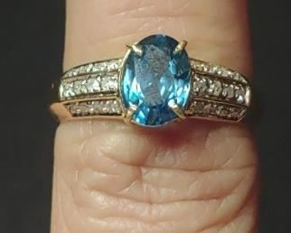 10K Gold Blue Topaz & Diamond Ring
