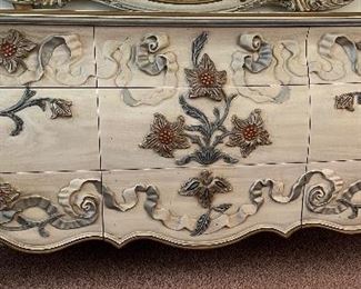 Bombay French Provincial Bedroom Set w Raised Floral Motif: King Bed, Dresser, Mirror and 2 Nightstands