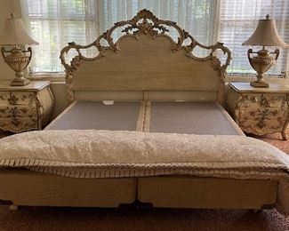 Bombay French Provincial Bedroom Set w Raised Floral Motif: King Bed, Dresser, Mirror and 2 Nightstands