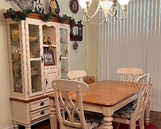 French Country Dining Table w Leaf, 4 Chairs and Hutch