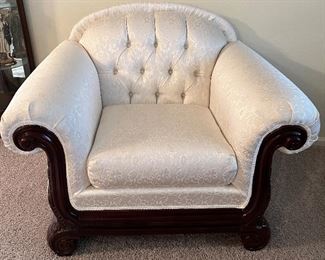 Michael Amini Settee, 2 Rolled Chairs, Coffee Table and 2 End Tables, Crystal Chandelier Table Lamps