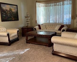 Michael Amini Settee, 2 Rolled Chairs, Coffee Table and 2 End Tables, Crystal Chandelier Table Lamps