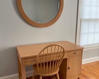 Desk, Windsor chair, round mirror