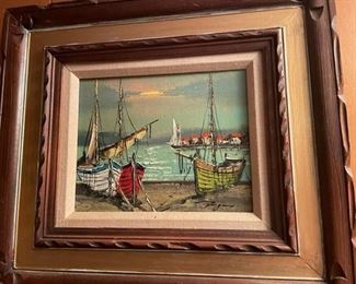 Framed Greek boating scene.