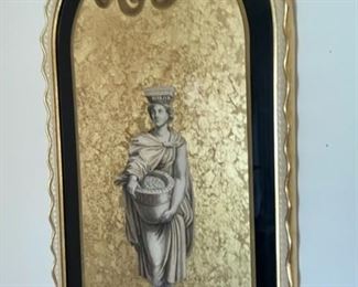 Vintage reverse applied gold leafed figural Italian etching engraving print art.