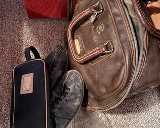 Vintage bowling bowl and shoes in bags.