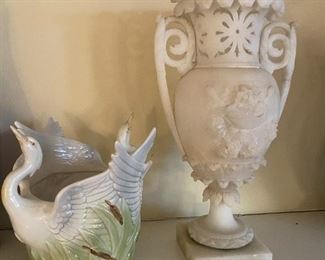 Italian turned and carved white alabaster vase - and vintage Flying Duck planter.