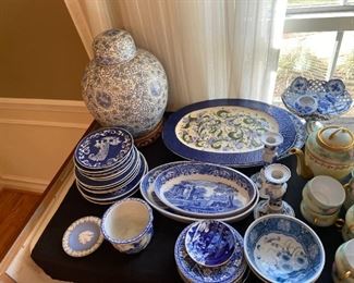 Assorted blue and white china.