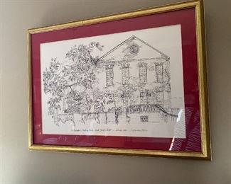 Framed pen and ink sketch of Presbyterian Meeting House, Alexandria, VA.