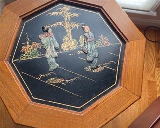 Vintage octagonal hand carved teak wood Asian table (purchased in Vietnam).