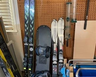 Skis and snowboard.