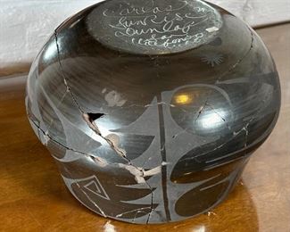 AS-IS Carlos Sunrise Dunlap San Ildefonso Pueblo Black on Black Pot Native American Vintage	8 x 8in diameter at opening	
