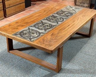 Vintage MCM Danish Modern Trioh Mobler Ox Art Teak & Tile Rectangular Coffee Table Denmark	16.5x33.25x61.25in	HxWxD
