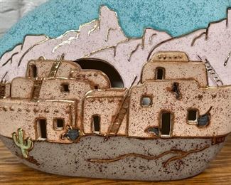 Southwestern Ceramic Pottery Vase Signed By Gina Arrighetti Pueblo	11 x 12 x 2.5in	HxWxD
