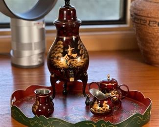 5pc Handpainted Dutch kraantjeskan Antique Lacquered Pewter Coffee Urn	Teapot: 15.5 x 6 x 5in	
