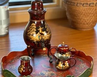5pc Handpainted Dutch kraantjeskan Antique Lacquered Pewter Coffee Urn	Teapot: 15.5 x 6 x 5in	
